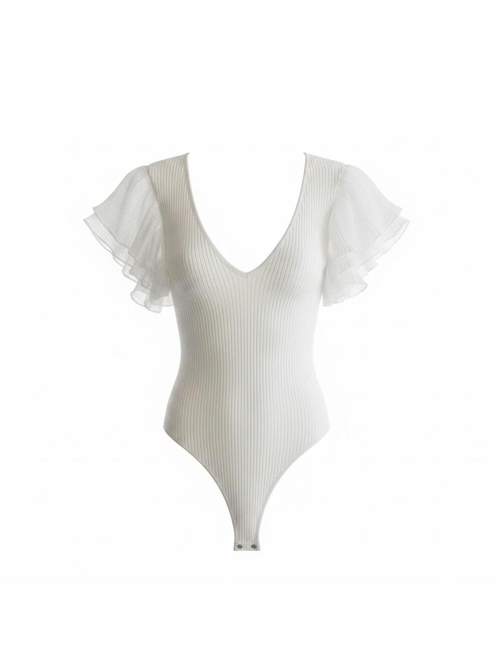 ZARA Organza Ruffle Ribbed Bodysuit White Size S Coquette